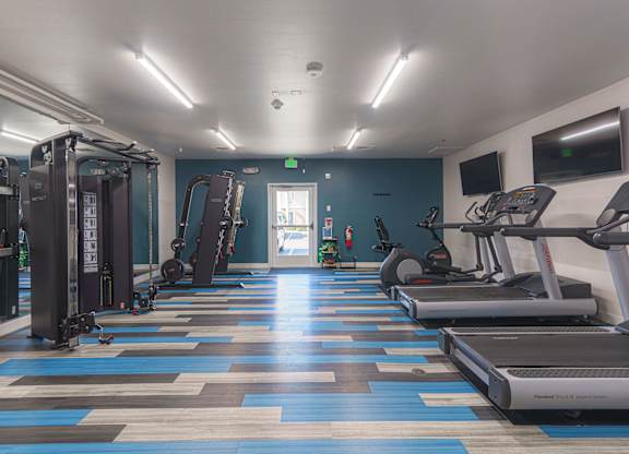 Gym with cardio machines and weights at AVIA Lofts on Victors Way, Ann Arbor, 48108