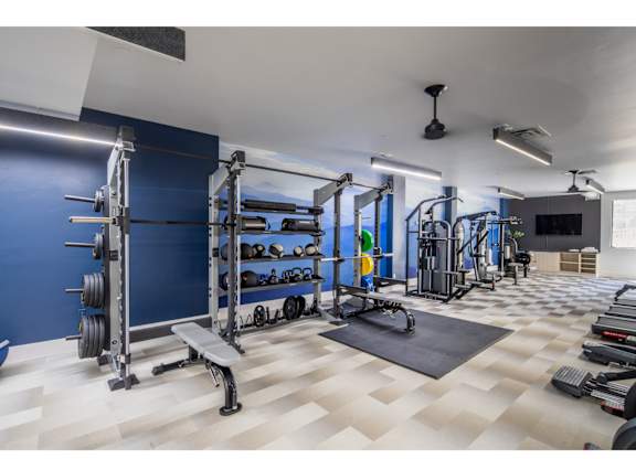 A gym with a variety of equipment including weightlifting machines and a bench.