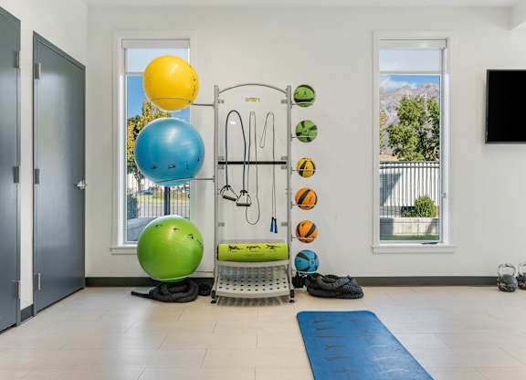 a workout room with weights and other exercise equipment in a house at The Flats at Riverwoods, Provo, UT, 84604