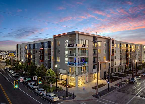 corner exterior shot at dawn at SevenO2 Main Apartments, Salt Lake City, 84101