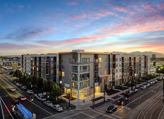 an aerial view of an apartment building at sunset at SevenO2 Main Apartments, Salt Lake City