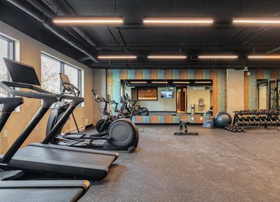 A gym with treadmills, elliptical machines, and other exercise equipment.