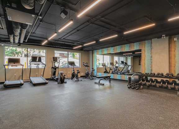A gym with a variety of equipment including treadmills, weights, and exercise machines.