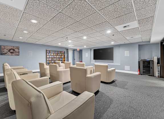 Movie room with large comfy beige chairs, grey carpet