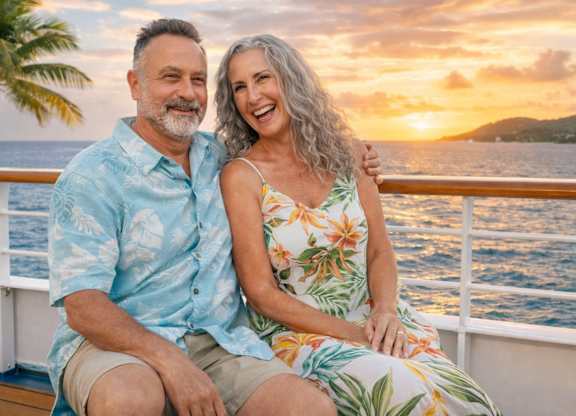 A couple is sitting on a boat deck during sunset.