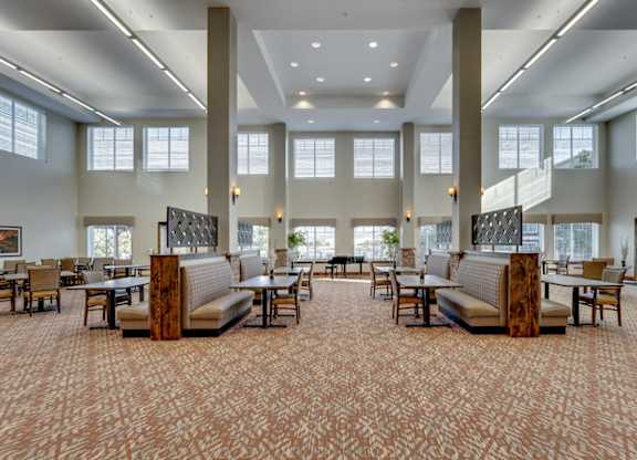 Community dining room with booth seating at Mountain Lakes Estates Apartments, Reno