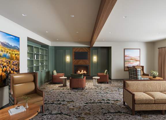 A living room with a fireplace and a couch commons area. DAS design and renderings.