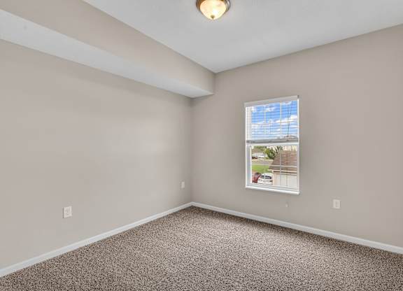 A room with a carpeted floor and a window showing a view of a street.