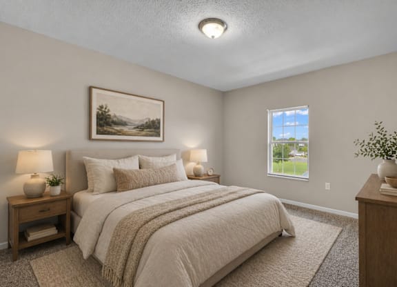 A bedroom with a large bed, a nightstand with a lamp, and a framed picture on the wall.
