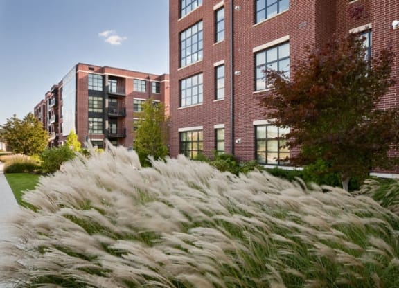 a fountain of grass in front of a brick building  at The Sheffield Englewood, Englewood, NJ, 07631