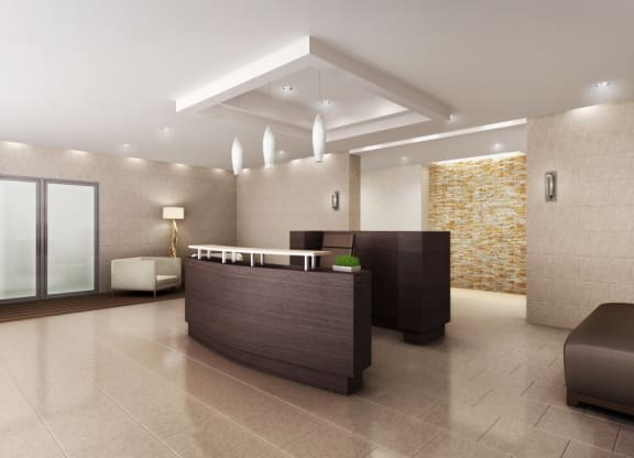 The main lobby at the Sheffield at Englewood in Englewood, NJ