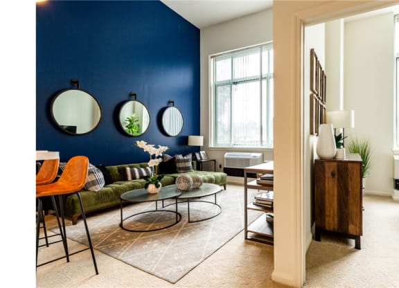 a living room with a blue accent wall  at Shearwood Station, New Rochelle, 10801
