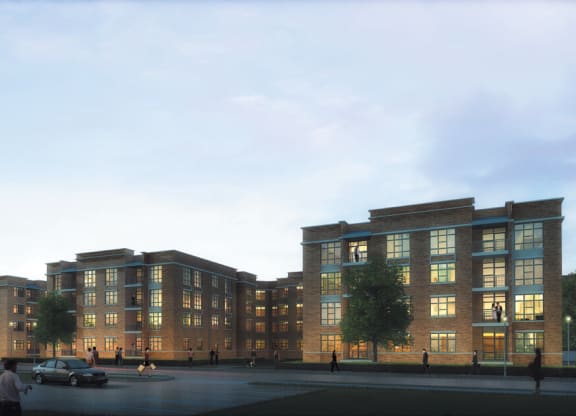 a rendering of a five story building with many windows and a parking lot in front of it  at The Sheffield Englewood, Englewood, NJ