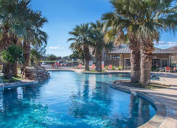 A large swimming pool surrounded by palm trees.