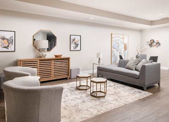A living room with a grey couch, a wooden sideboard, and a rug.
