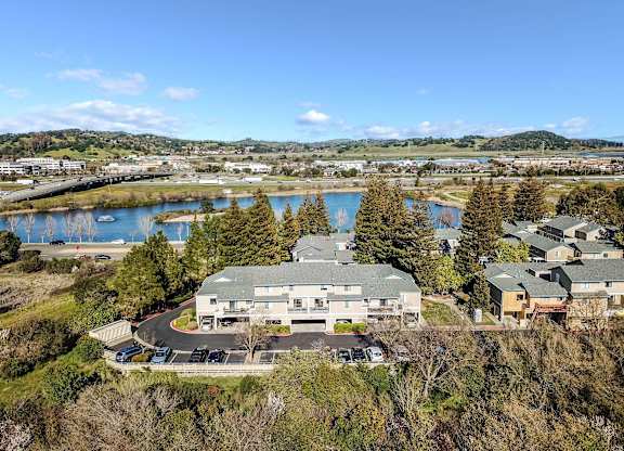 aerial view of apartments and lake at Redwood Landing Apartments, California