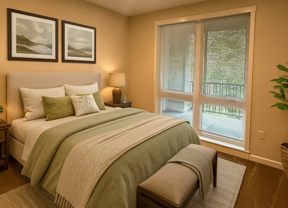 A bedroom with a large bed and a window with blinds.