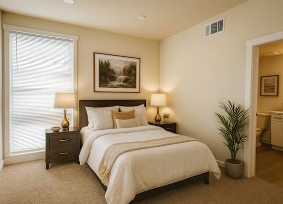 A bedroom with a large bed, two nightstands with lamps, a painting on the wall, and a plant in a pot.