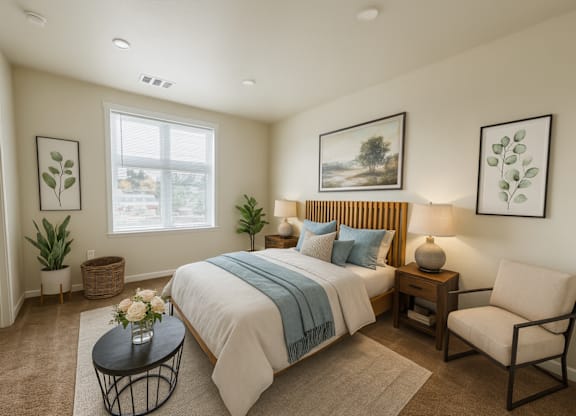 A bedroom with a large bed, a chair, and a table with a vase of flowers on it.