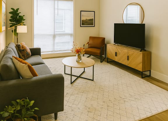 A living room with a grey couch, a coffee table, a television, and a plant.
