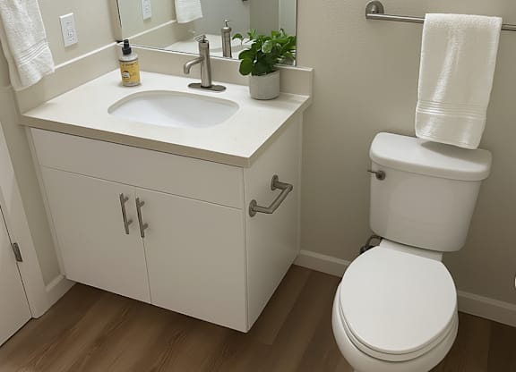 A white toilet sits next to a sink in a bathroom.
