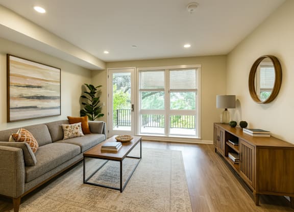A living room with a grey couch, a coffee table, a mirror, and a painting on the wall.