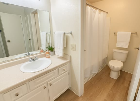 A white bathroom with a toilet, sink, and mirror.