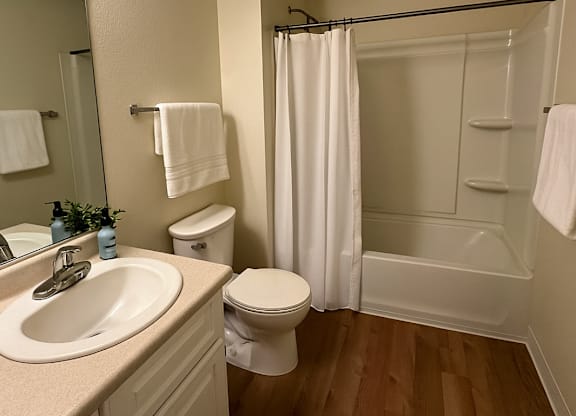 A bathroom with a toilet, sink, and shower.