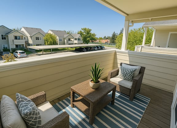 A patio with a couch, chair, and table with a plant on it.