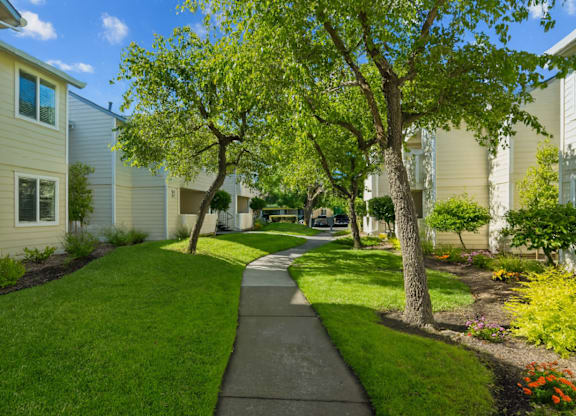 A residential street with houses on both sides and a sidewalk in the middle.