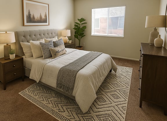 A bedroom with a large bed, a nightstand with a lamp, a dresser, and a rug.