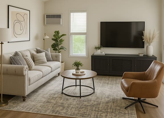 A living room with a couch, chair, and television.