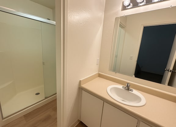 A bathroom with a sink, mirror, and shower.