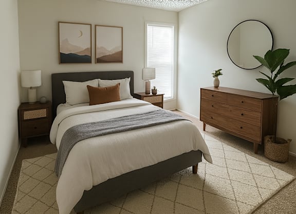 A bedroom with a large bed, a dresser, and a plant.