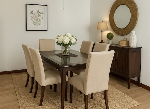 A dining room with a table, chairs, and a mirror on the wall.