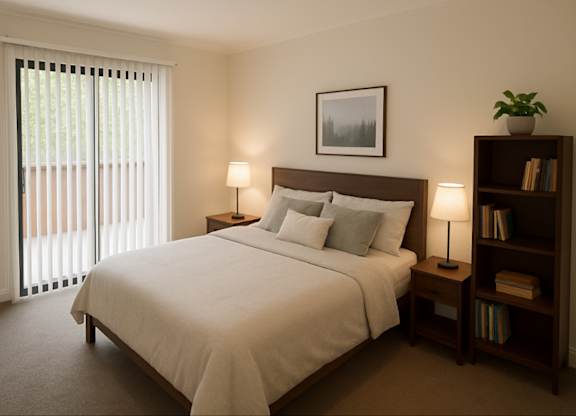A bedroom with a large bed, a nightstand with a lamp, and a bookshelf with a plant on top.