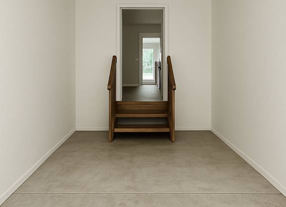 A room with a chair and a mirror on the door.