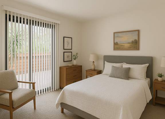 A bedroom with a large bed, a chair, and a painting on the wall.