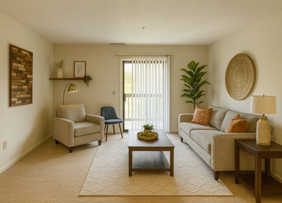 A living room with a couch, chair, and coffee table.