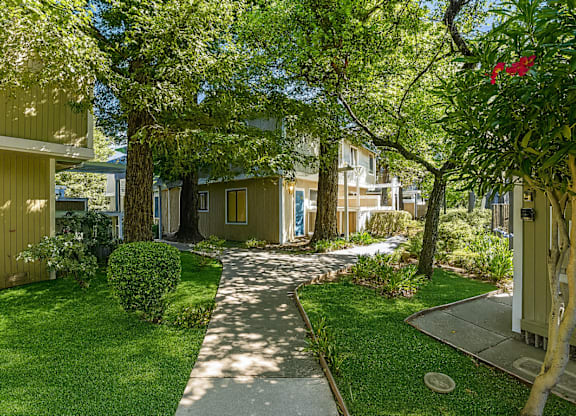 A tree-lined pathway leads to a house.