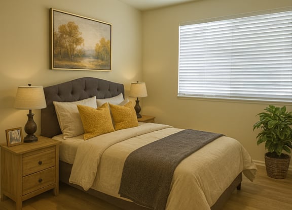 A bedroom with a bed, nightstand, and a painting on the wall.