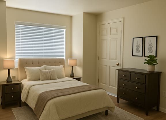 A bedroom with a large bed, a nightstand, and a dresser.