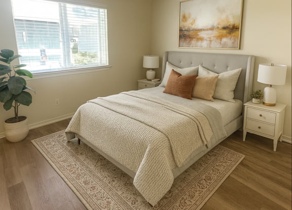 A bedroom with a large bed, a nightstand, and a painting on the wall.