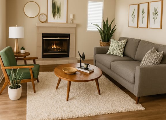 A living room with a fireplace, a couch, a chair, a coffee table, and some plants.