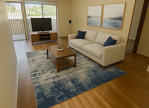 A living room with a white couch and a coffee table.