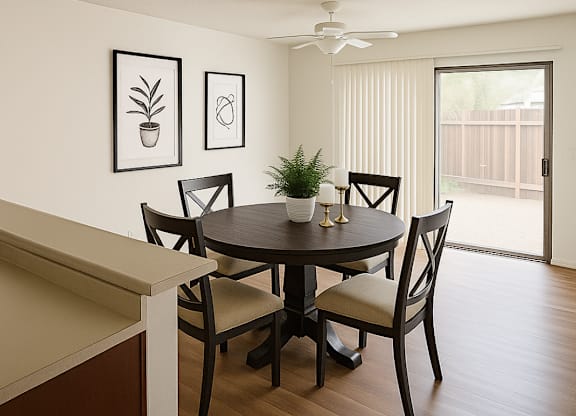 A dining room with a table and chairs.