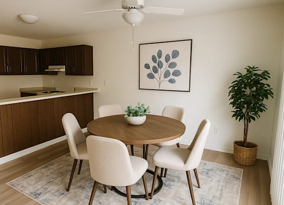 A dining room with a round table and chairs.