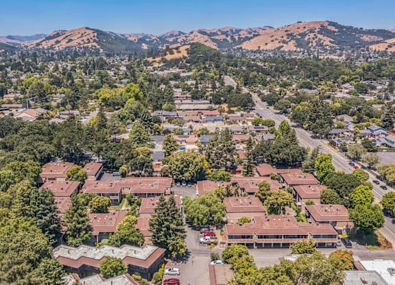 A residential area with houses and trees.