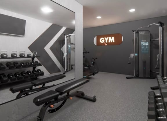 a gym with weights on the wall and a large mirror
