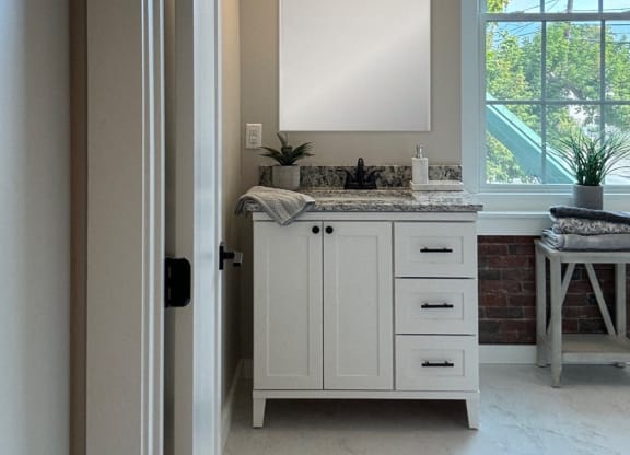 a bathroom with a sink and a mirror and a window